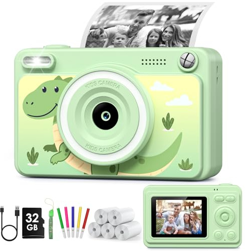 GREENKINDER Camara Fotos Infantil Instantanea,HD/1080P Cámara Instantánea para Niños con Tarjeta de 32GB y 5 Rollos de Papel Térmico,Camara Fotos Infantil Regalos de Juguete para Niños de 3 a 12