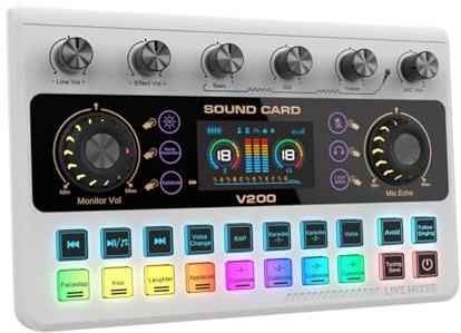 Luocute Mezclador de Audio con Tarjeta de Sonido en Vivo con 12 Efectos de Voz, Pantalla LED Recargable, Consola Mezcladora de Tarjeta de Sonido en Streaming, Grabación Profesional