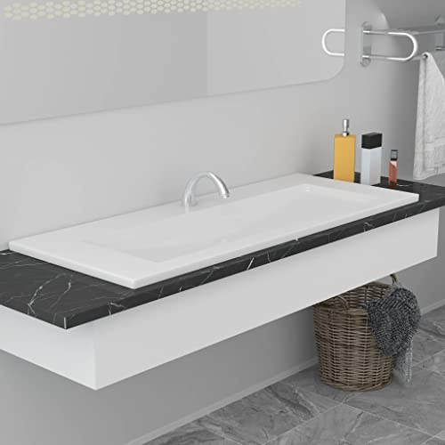 YAFF White Ceramic Built-in Wash Basin with Overflow, Rectangular Sink for Bathroom Vanity, 39.8x15.6x7.3
