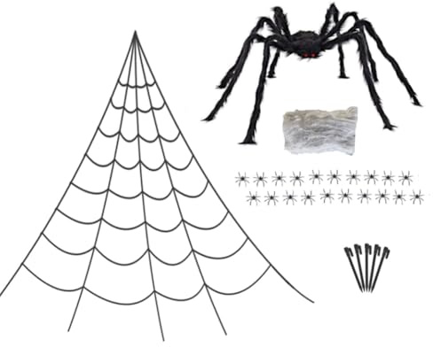 Muuookka Juego de Decoración de Telaraña de Halloween: Telaraña Triangular Enorme de 70 cm + Araña Falsa Gigante de 198 Cm, Decoración Aterradora para Jardín y Patio.