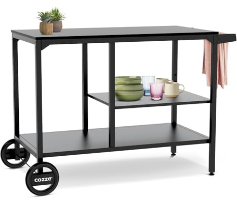 Cozze® BBQ Station Carro para Barbacoa 115 cm, Mesa Exterior de Acero galvanizado, Estante Ajustable 3 Niveles para Horno de Pizza, Ruedas Grandes y Patas Regulables, Carga máx. 100 kg
