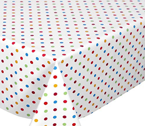 Weiß, Punkte Bunt Wachstuchtischdecke glatt abwischbar Garten Tischdecke RUND OVAL ECKIG, Größe wählbar (Eckig 140x100 cm)