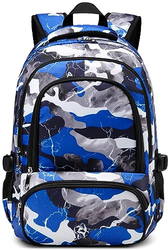 BLUEFAIRY Kids Backpack for Boys Elementary Book Bags Primary Middle School Bookbags for Childs Water Resistant Back to School Gifts Son Mochila Escolares para Niños Aged 8-10 17 Inch Camo Blue