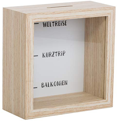 Brandsseller Spardose Bilderrahmen aus Holz mit Glas 14,5x14,5x6,5 cm – Sparrahmen mit Sichtfenster & Einwurfschlitz – Deko-Spardose für Geldgeschenke & besondere Sparziele - Weltreise