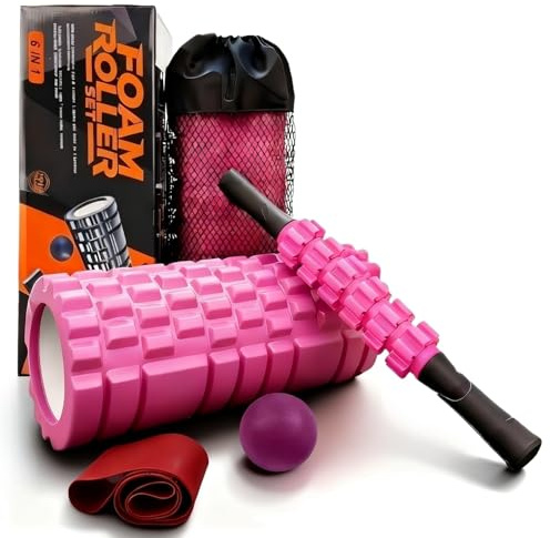 Aucuu 5 in 1 Foam Roller Set Includes Hollow Core Massage Roller, Yoga Stick, Massage Ball, Fitness Stretching Strap, Carrying Bag, Towel, Massage Roller (Pink)
