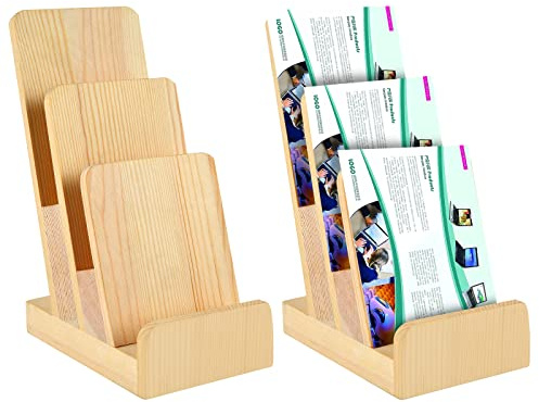 2 Pieces 3-Tier Pine Wood Literature Holder pamphlet display stand Trifold Brochure Organizer Flyer Holder Postcard Display and Countertop Wooden Display Stand Book Display for Magazine Pamphlet
