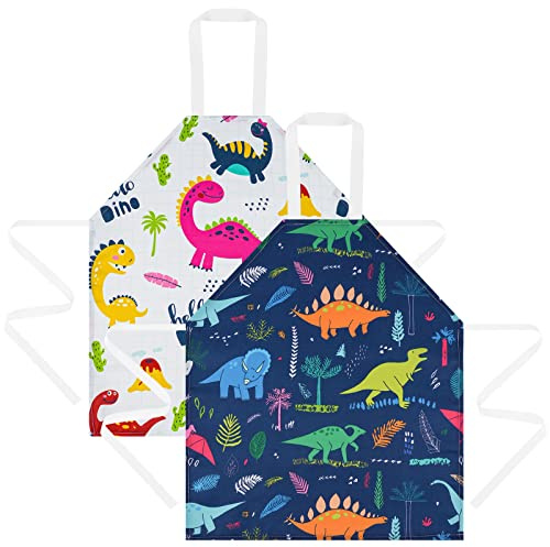 HOTUT Grembiuli per Bambini, 2 Pezzi Impermeabili da Cucina e Pittura, per Ragazze e Ragazzi, Dinosauro Bianco e Blu