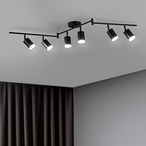 BOJIM LED Deckenstrahler 6 Flammig Schwarz, Strahler Deckenleuchte Schwenkbar 350°, Deckenlampe Spots GU10, Modern Lampen Wohnzimmerlampe, Bürolampe, Küchenlampe, Ohne Leuchtmittel