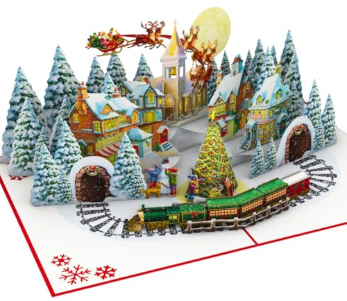 Three Dee Cards -Enchanting Christmas Village Pop-Up Card with Santa and Train 3D Special Pop Up Greeting Card for Daughter Son In Law Husband Wife Brother Sister Mum and Dad Family Holiday Pop-up