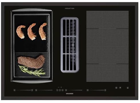 Oranier Induktionskochfeld 80 cm KFA690 - Flächen-Kochfeld mit Abluft-Umluft Abzug Multi-Slider - Grillplatte halbgeriffelt & schwarzer Kochfeldrahmen