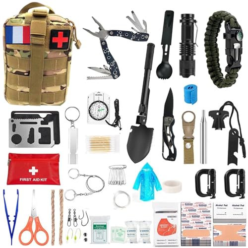 Kit de Survie Ultime Complet 72 en 1 avec Drapeau de France Trousse de Secours d’Urgence pour Premiers Soins, Sac de Survie Pratique,Trousse de Secours, Survie Materiel Militaire pour Camping