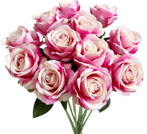 12 Stücke Kunstblumen Seidenblumen Rosen 51*7cm Kunstblumen Blätter und Verstellbare Stiele,Realistisch und Weich Künstliche Blumen für DIY Hochzeitsfeier,Valentinstag,Zuhause Dekoration(Dunkelpink)