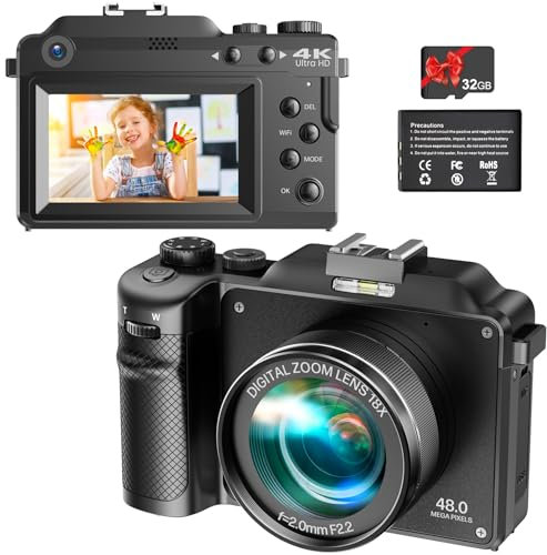 Vmotal 4K Digital Camera, UHD 48MP Photo 4K Video Recorder, Dual Lens Camera, 18x Digital Zoom, Autofocus Camera with Wifi APP& SD Card, Vlogging Camera for YouTube