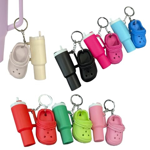 MMEYING 7 Pcs Mini Tumbler Keychain with Shoe Charms Tiny Cup Keychain & Chapstick Holder for 40oz Water Bottle Handle Cute Aesthetic Backpack Bag Accessories Birthday Gifts for Women Girls