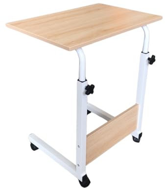 Karl home Small Side Mobile Table 60×40cm Computer Desk with Rolling Wheels Height Adjustable Rolling Potable Laptop Cart, C-Shaped Bed Couch End Tables with Edge Stopper for Living Room Bedroom,Birch