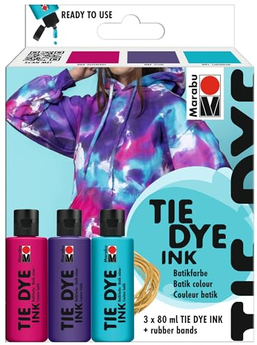 Marabu TIE DYE INK batik dye set Trend, 3 x 80 ml tinte al agua, incl. gomas elásticas, tinte batik para textiles de colores claros con hasta un 20% de contenido de fibra sintética, 1730000000202