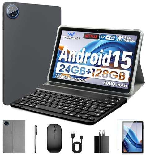Aobante 10 Android 15 Tablet: 24 GB RAM + 128 GB ROM (max. 1 TB), Octa-Core, 1280x800 HD IPS-Touchscreen, 5 MP + 8 MP Kameras, 6000 mAh, mit Tastatur, Maus und Widevine L1 (grau)