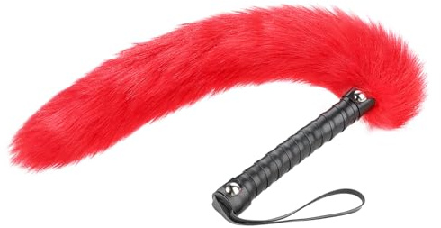 SIQITECHUK Faux Fur Fox Tail Flogger Whip with Anti-Slip Grip Handle Adult Play Toys Furry Tail Faux Leather Riding Crop for Cosplay Bedroom Couples Role Play Games (Red)