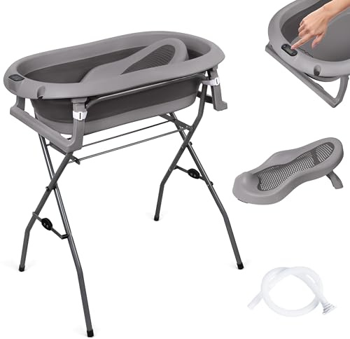 MOOVKEE. Babybadkar med ram 80 cm – Mörkgrått babybadkar vikbart med termometer, badstol och avloppssystem – Säkerhet för ditt nyfödda
