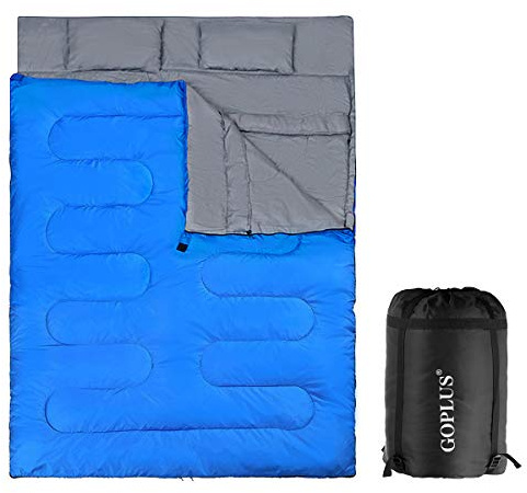 COSTWAY Sac de Couchage pour 2 Personnes avec 2 Oreillers Résistant au Vent et Imperméable Idéal pour la Randonnée, Les Voyages, Le Camping, et Les Activités Extérieures Bleu