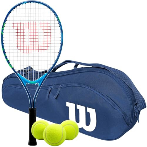 Wilson US Open Junior 25 Inch Tennis Racquet Bundled with (1) Advantage II Tennis Bag (Navy) and (3) Tennis Balls - Perfect Starter Set for Kids Age 9-10