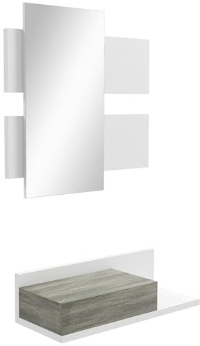 HOMCOM Mobile da Ingresso 2 in 1 con Specchio da Parete 75x3.5x75 cm e Cassetto 75x30.5x20 cm, Set da Ingresso in MDF e Vetro, Grigio e Bianco