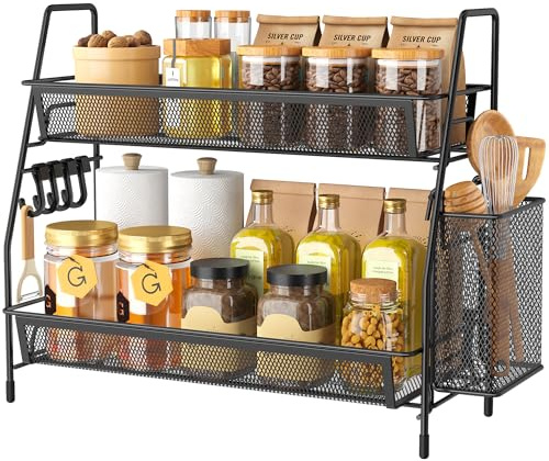 VITVITI Gewürzregal, 2 Etagen Küchen Organizer, Metall Schrank Organizer, Stehend Badezimmer Organizer, Küchenregal Arbeitsplatte für Küche, Badezimmer, Büro, Schwarz