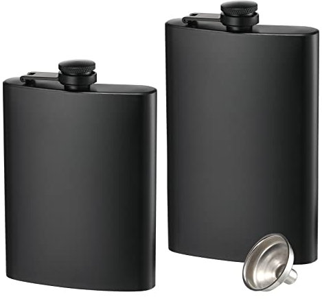 2 Pack Hip Flasks for Liquor, 8 Oz & 12 Oz Stainless Steel Leakproof Thin Flasks with Funnel for Men & Women (Matte Black)