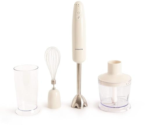 CREATE/FULLMIX RETRO/Mixeur plongeant Blanc cassé/Battre, mélanger et fouetter, 6 vitesses, gobelet doseur 600ml, sans BPA, bol hachoir 500ml, 1000W