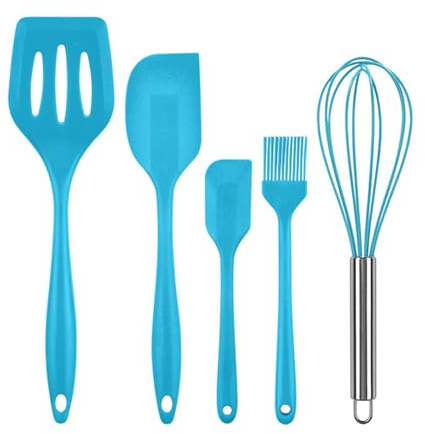 Kit d'Ustensiles de Cuisine, 5 Pièces Ustensiles de Cuisine Silicone Résistantes à Chaleur - Outil de Cuisine Antiadhésif pour Cuisine, Cuisson, Pâtisserie (Bleu)