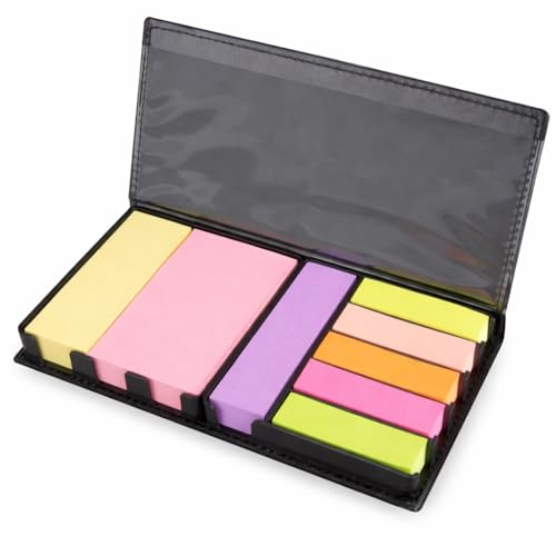 1000pcs Sticky Memo Notes Holder with Index Tab Flags in Leather Like Case, Colourful Removable Adhesive Memo Pads for Office, Home & School Use (Package May Vary)