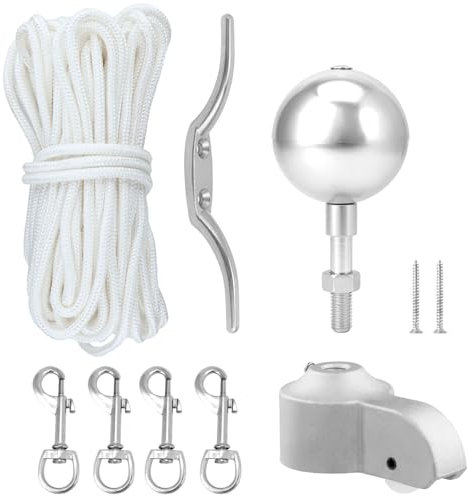 QWORK® Juego de Accesorios para mástil de Bandera - Piezas de reparación Que Incluyen Tope con polea, Punta de Bola, Cuerda de Nailon de 15 m, mosquetón y Cornamusa