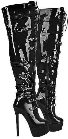 blingqueen Damen Plateau Overknee Stiefel Punk Boots Stilettos High Heels mit Nieten Schnallen Schnürer Metallic Schwarz 37 EU