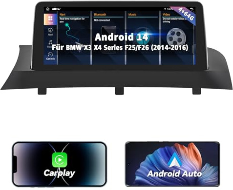 Estéreo Android 14 de 10,25 pulgadas para BMW X3/X4 F25/F26 (sistema NBT 2014-2016) | 8 núcleos, 4+64 GB | CarPlay inalámbrico, Android Auto, MirrorLink | Pantalla táctil HD, Controles en el Volante