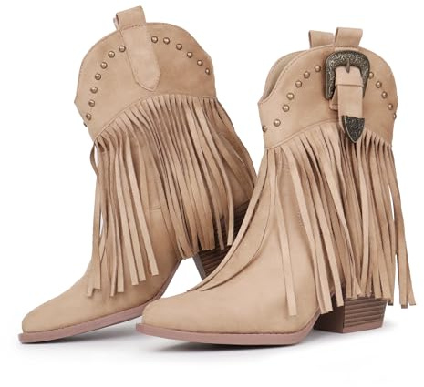 Hawkwell Bottes de cowboy à franges pour femme - Bottes de cowboy à enfiler - Bottines western, kaki, 42 EU