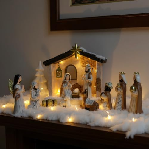 Christmas Nativity Scene Set - 14-Piece Nativity Set with Light-up Manger | For Nativity Scene Indoor Use, The Holy Birth Story Figures - Christian Christmas Decorations & Figures (Classic)