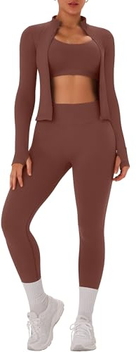 OLCHEE Womens Workout Sets 3 Piece Seamless Long Sleeve Jacket Scrunch Butt Leggings Racerback Sports Bra Yoga Gym Outfits - Brown Small