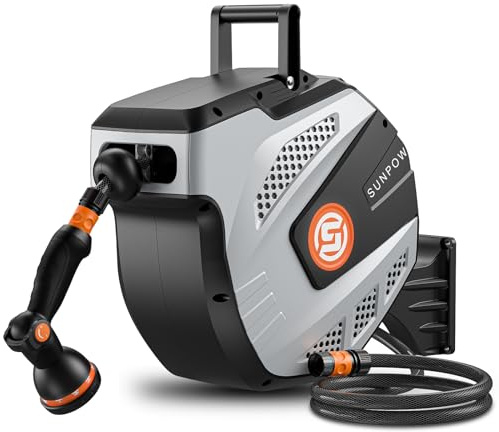 SUNPOW Garden Hose Reel Wall Mounted - 15m+2m Retractable Hose Pipe, Easy to Install & 10 Function Sprayer Nozzle - Any Length Lock, Auto Rewind System, 180°Swivel Bracket - Grey
