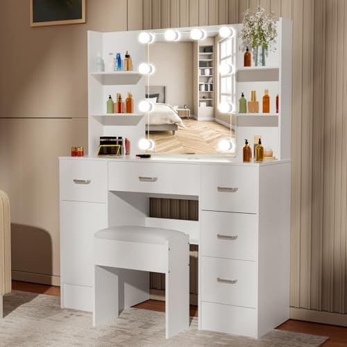 Saimeihome Schminktisch mit dimmbarer Beleuchtung und Hocker- 3 Lichtfarben, Luxuriöser Kosmetiktisch mit Spiegel & 6 Schubladen 6 Ablage, Frisiertisch für Schlafzimmer 100 x 40 x 140 cm
