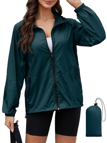 CRIPOM Packable Rain Jacket Women Zipper Wind Jackets Short Rain Coats With Hood Windbreaker Jacket Womens Dark Blue Water Repellent Jackets Lightweight Windbreaker Dark Blue S