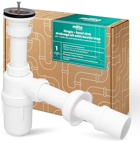 Millto Botella Sifón Para Fregadero 6/4'' 40/50 mm Conjunto Desagüe Antiodores Conexión Agua Cedazo Plástico Válvula Metal Para Cocina Dimensión Universal