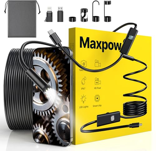 Maxpow Endoscopio Per Smartphone - Telecamera Endoscopica 1920HD IP67, Sonda con 8 LED per Ispezione Tubi, Cámara de Inspección Compatible with Android e iOS Per Tubi Macchine Fognature 5m