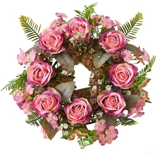 Ghirlanda floreale in seta a tema primaverile con motivo vintage a rose per casa, matrimonio, ufficio, decorazione da appendere alla porta (rosa)