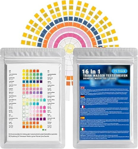 YFYWINSH Lot de 25 Bandelettes Test Eau Aquarium 16 en 1, Bandelette pH, Bandelettes de Test d'eau Potable, Kit Test Aquarium Eau Douce Et Eau Salée, Test Nitrite Nitrate pH GH KH Chlore Cuivre Fer
