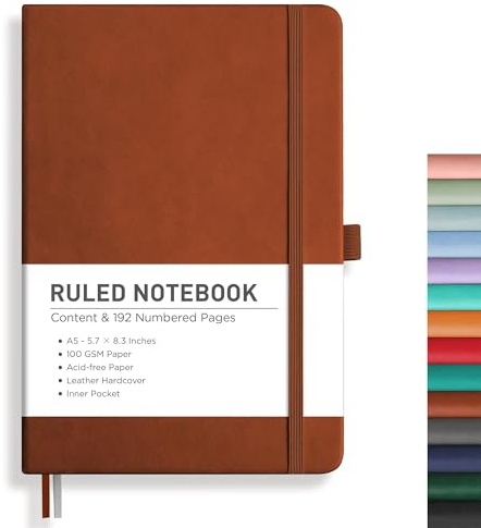 RETTACY Lined Journal Notebook, 192 Numbered Pages, A5 Medium Size (5.7'' x 8.3''), for Men & Women, Journaling, Writing, Work & Office, Leather Hardcover, 100 GSM Thick Paper (Brown)