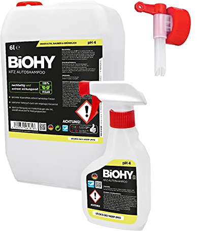 BiOHY Bilschampo (6 l burk) + Sprayflaska & knacka | Koncentrera utmärkt rengöringskraft och skumbildning Skyddande pärleffekt Skapar en bestående frisk doft (KFZ Autoshampoo)