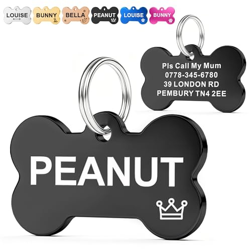 EDSG Personalised Dog Tags for Pets UK | Deep Engraved Stainless Steel Cat & Dog Name ID Tags | Custom Dog Tag Scratch, Rust & Fade Resistant | Anti-Lost Pet Tag for Puppy Kitten (Black Bone)