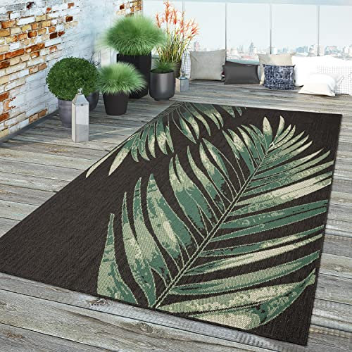 TT Home In-& Outdoor Teppich Wetterfest Balkon Küche Wohnzimmer Palmen Muster Modern, Farbe:Grün Schwarz 5, Größe:160 cm Rund