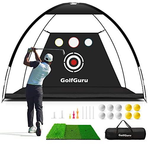 Golfguru Golfnetz, 3.0x2.1 m All in 1 Golf Übungsnetz mit XL Tri-Turf Golf Matte, Impact Target, 10 Golfbälle, 7 Golf Tees, Tragetasche, Golfnetz für Hinterhof Driving Ch. IPP Indoor