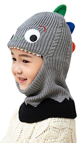 Kapuzenschal Kinder Schalmütze, Baby Jungen Mädchen Mütze Schal Set Winter Niedlich Dinosaurier Beanie Strickmütze Kleinkind Schlupfmütze Gesichtswärmer für Fahrrad Skilaufen für Baby 1-5 Jahre,Grau